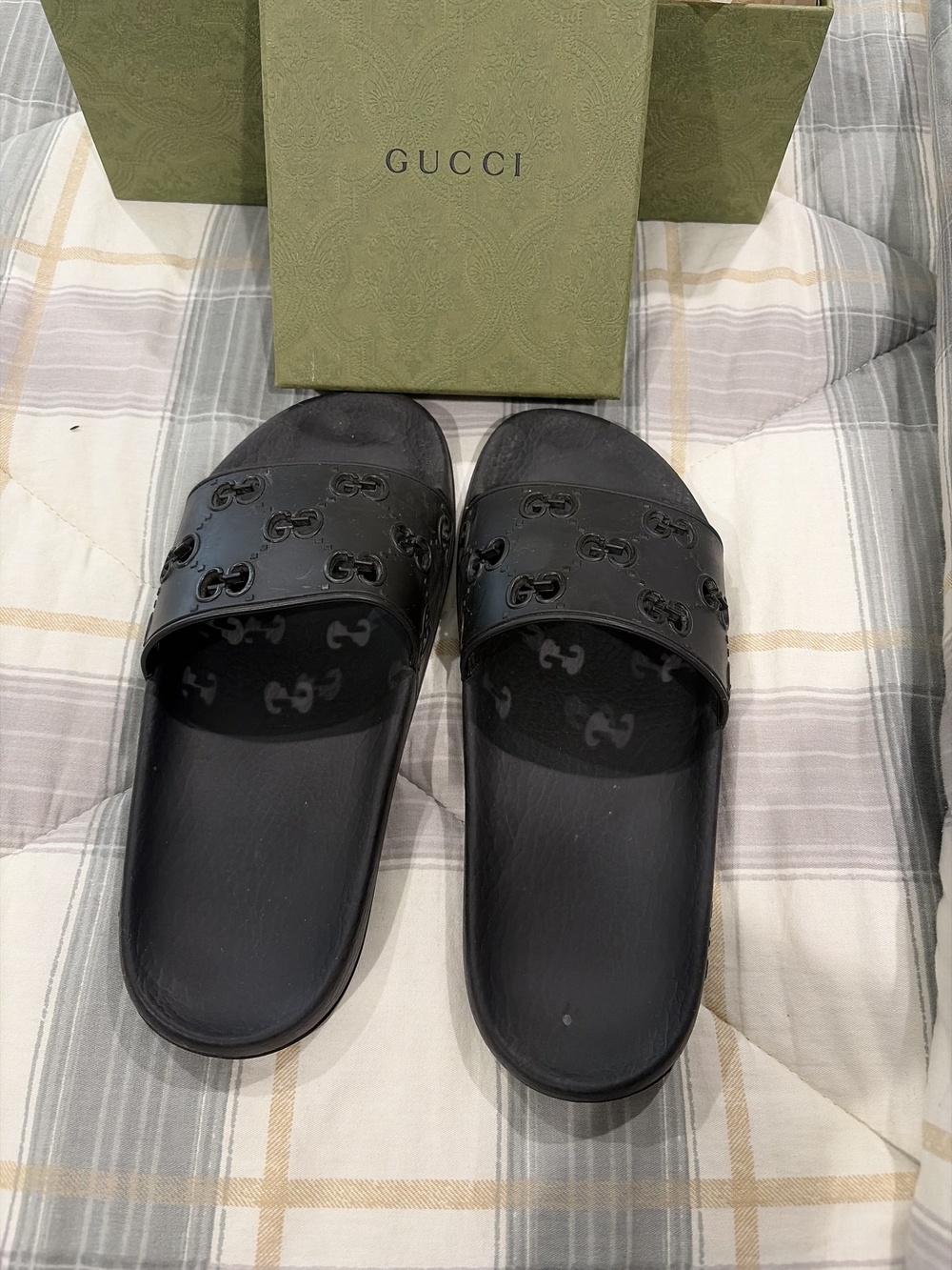 Gucci Black GG Embossed Slide Sandals